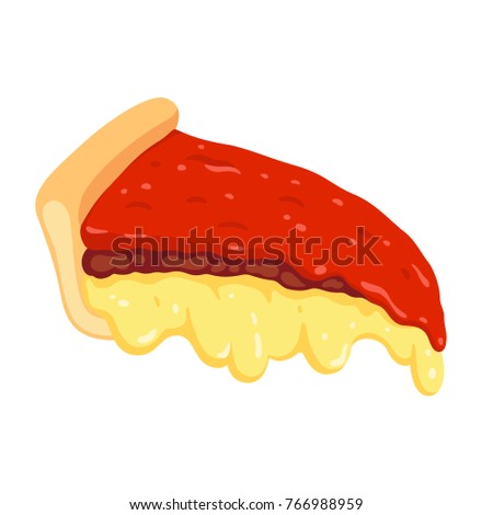 Chicago style deep dish pizza slice with melted cheese. Traditional American meat pie. Isolated clip art illustration.