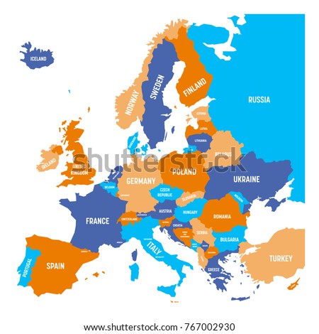 Political map of Europe continent in four colors with white country name labels and isolated on white background. Vector illustration. Royalty-Free Stock Photo #767002930