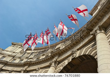 White Ensign flags flying on Admiralty Arch, London, England, UK