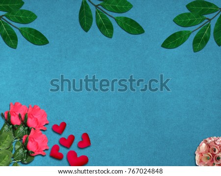 Heart roses and foliage, blue background and space for messages to express love and expressions of concern for our loved ones as gifts to convey the love of the giver.