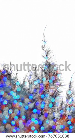 Pine  leaves and bokeh isolated  on white background with copy space.stripe lines. bokeh background from christmas tree. flashing bulb,light ornamental  
