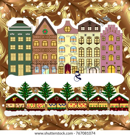 Background. Winter village landscape. Vector illustration.