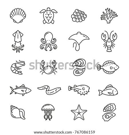 Sea food related icons: thin vector icon set, black and white kit