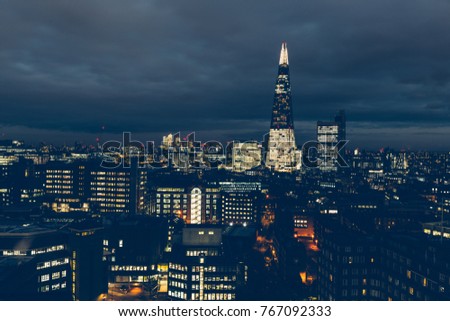 Aerial view of London cityscapee skyline at night with shard building