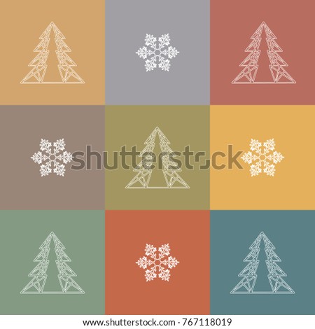 Geometric Christmas trees and snowflakes over colorful background. Vector illustration with holiday background. Winter design element