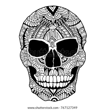 Zentangle skull. Adult coloring book with dead human head 