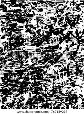 Print distress background in black and white texture with  dark spots, scratches and lines. Abstract vector illustration