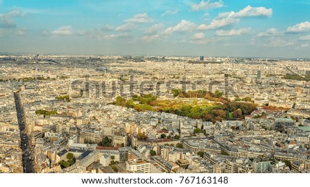 View of Paris from the Montparnasse Tower (Luxembourg Gardens and Palace, Saint-Sulpice Church, Pantheon, Sorbonne, Notre-Dame, etc.), Paris, France.