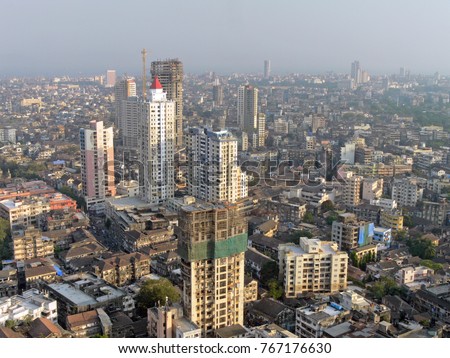 Aerial view of crowded South Mumbai where old heritage, traditional structures sit cheek by jowl with modern, highrise towers