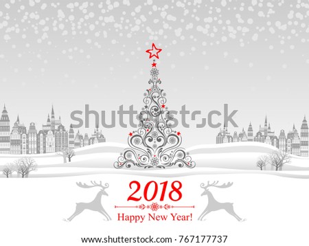 2018 Happy New Year greeting card. Celebration background with Christmas Landscape, tree, deer and place for your text. Vector Illustration