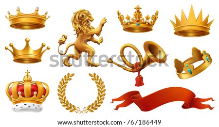 Gold crown of the king. Laurel wreath, trumpet, lion, ribbon. 3d vector icon set Royalty-Free Stock Photo #767186449