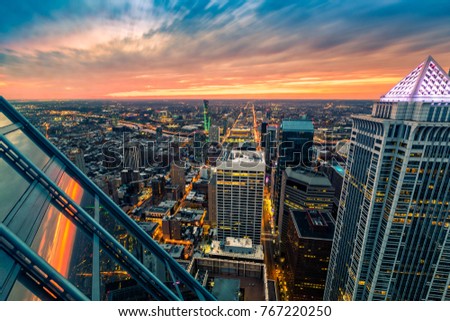 Philadelphia aerial perspective at sunset.