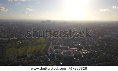 Aerial Drone image of london looking south at the london skyline including landmarks, most notably the shard.