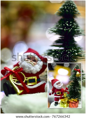 Merry Christmas! Santa with his presents on bokeh background.  christmas eve concept.