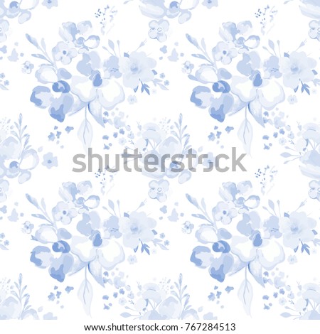 Watercolor floral pattern. Cute flowers background for design fabric, paper, wallpaper, wrapping. Delicate print. Blue on white.
