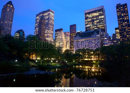 Central Park and New York City skyline at dusk, USA