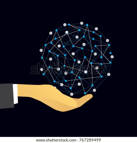 Vector illustration of businessmen hands holding abstract lines and dots of global connection links