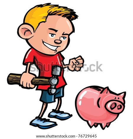 Cartoon boy preparing to break a piggy bank with a hammer
