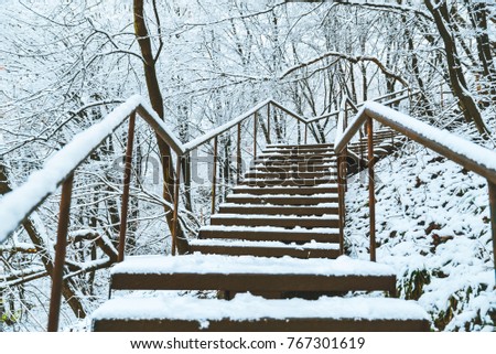The stairs are covered in snow in the park
