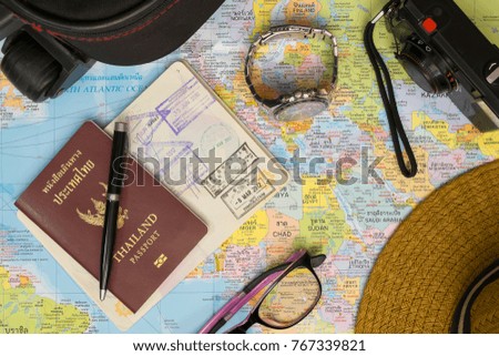 Overhead view of Traveler's accessories,Travel concept background Royalty-Free Stock Photo #767339821
