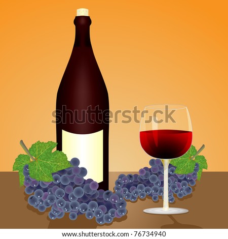 Glass of red wine, bottle and ripe grape