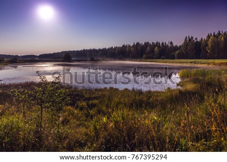 Night landscape on a full moon and smal lake near forest.
