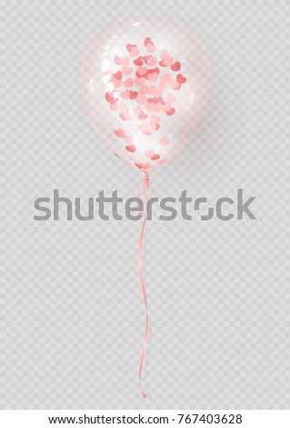 Realistic Pink Balloon with Confetti. Transparent Air Balloon Isolated on Grey Background. Vector Illustration.