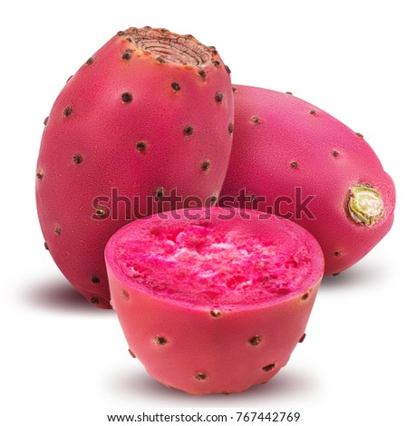 Two red opuntia, one cut in half isolated on white background. Clipping Path. Full depth of field. Royalty-Free Stock Photo #767442769