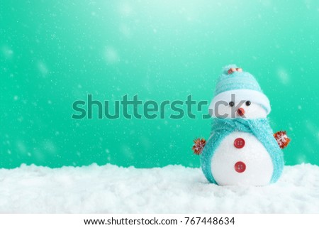 Merry christmas and Happy new year season with greeting card, illustration. Snowman standing in winter snow time with snowfall Royalty-Free Stock Photo #767448634