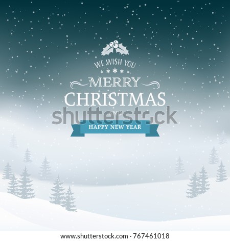 Winter night landscape background with snowfall and trees. Fir tree forest with fog. Happy New Year 2019 and Merry Christmas vintage badge. Snow falling down. Greeting card, banner template. Vector. 