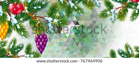 Mosaic background with pine branches. Christmas banner template. Raster clip art.