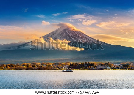 Fuji mountain and Kawaguchiko lake at sunset, Autumn seasons Fuji mountain at yamanachi in Japan. Royalty-Free Stock Photo #767469724
