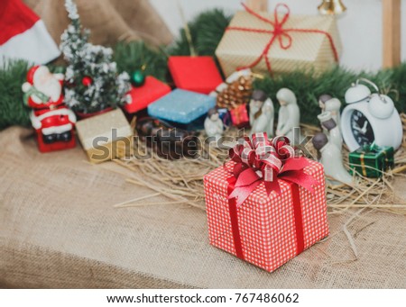 colorful Christmas gift boxes on Christmas decoration table, close up
