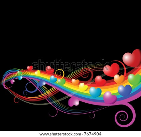 Abstract rainbow curves with hearts - valentines card