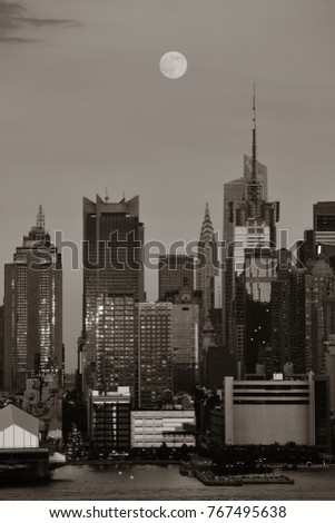 Super Moon over Midtown Manhattan in BW at sunset