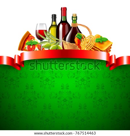 italian food with red ribbon and green background photo realistic vector