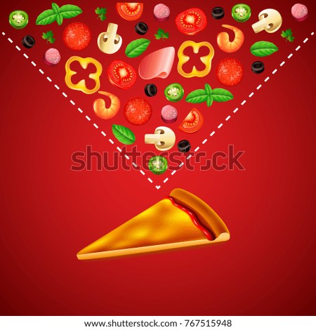 blank slice of pizza and ingredients over it on red background realistic vector
