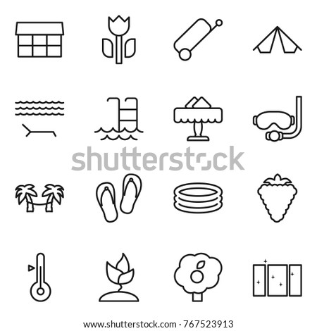 Thin line icon set : market, perishable, suitcase, tent, lounger, pool, restaurant, diving mask, palm hammock, flip flops, inflatable, berry, thermometer, sprouting, garden, clean window