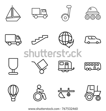 Thin line icon set : boat, truck, lunar rover, delivery, stairs, car shipping, fragile, trolley, trailer, bus, air ballon, invalid, plow, tractor