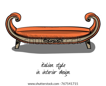 A small sofa without a backrest with armrests, a banquet in pink and gray colors. Italian style in interior design eps 10 illustration