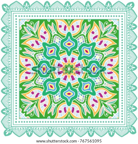 Decorative colorful ornament on a white background, symmetric pattern with doodle lace frame. Tribal ethnic mandala decor. Bandanna shawl, tablecloth fabric print, silk neck scarf, kerchief design