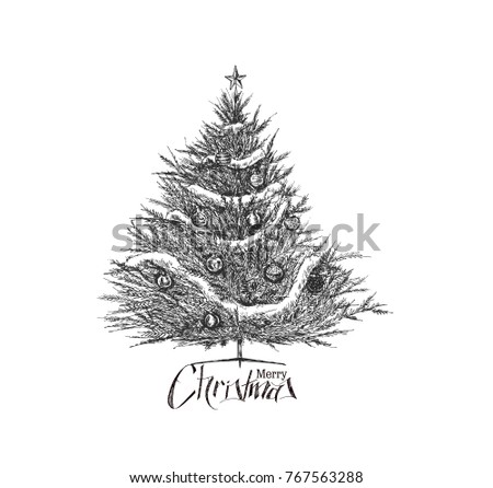 Christmas tree sketch on white background, vector illustration.