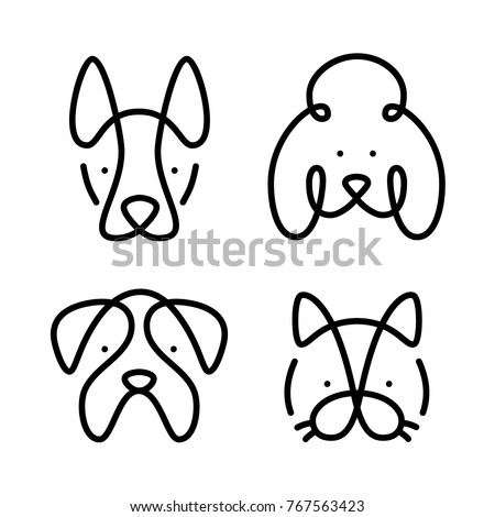 Set of pets. Vector art line style. Collection cat and dogs. Simple design of animals isolated on white background. Flat logo of bulldog, poodle, sheepdog. Symbol modern illustration. Eps.10 