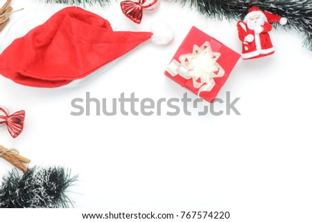 Above view aerial image of ornaments & decorations Merry Christmas & Happy new year concept.Essential accessories on white background.Table top beautiful object for winter season.free space design.