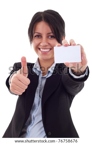 Female holding blank business card, making ok sign , focus on hands and card