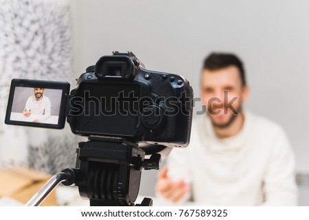 Education video blog filming backstage concept. creating video tutorials. social network activity. Royalty-Free Stock Photo #767589325