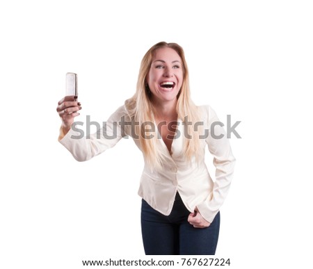 adult woman with phone laughing
