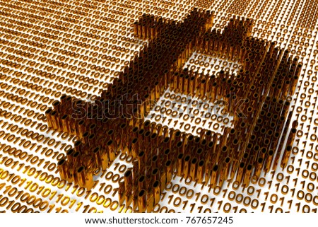 bitcoin symbol selected against the background of a binary code of gold