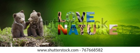 Banner with bear cub and text Love Nature with texture