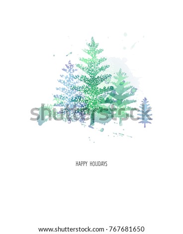 xmas and new year background. beautiful watercolor tree in white background